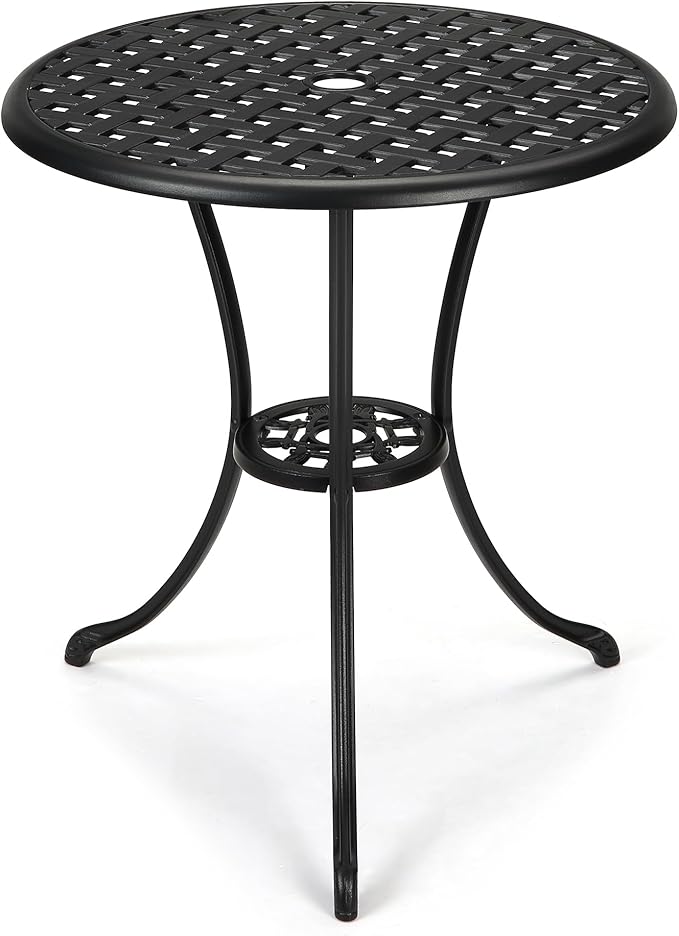 GarveeHome Patio Bistro Table, 24" Round Outdoor Coffee Table with 2" Umbrella Hole, Outdoor Cast Aluminum Bistro Table Side Table with Iron Frame for Balcony Backyard Lawn and Garden, Classic Black