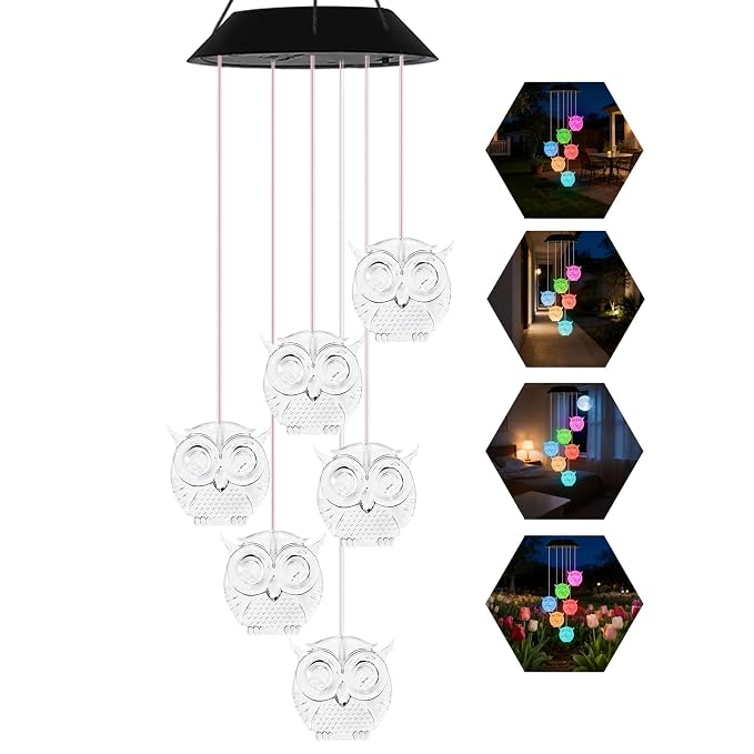 7-Color Light Changing Owl Solar Lights for Outside, Solar Lights Gifts for Father's Day, Solar Owl Wind Chimes Gifts for Women, Mom, Grandma, Garden Yard Lawn Outdoor Decor Mobiles