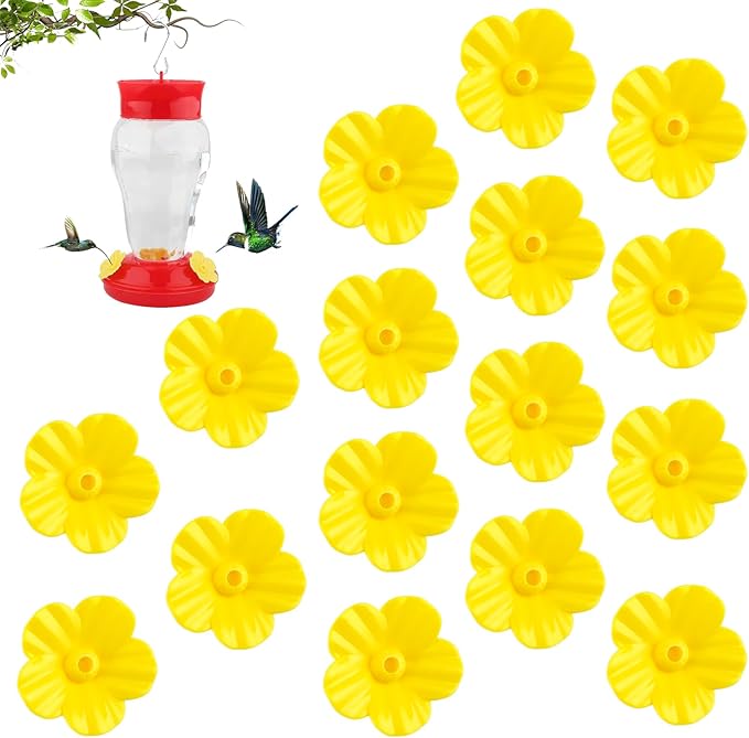 Hummingbird Feeder Replacement Parts - 16 PCS Yellow Flowers, Bee Guards for Perky Pet Glass Plastic Base
