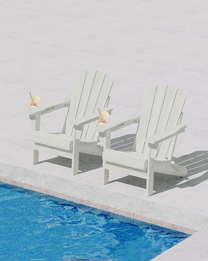 GarveeLife Folding Adirondack Chair Set of 2, All-Weather HDPE Outdoor Chair, Wooden Textured with Cup Holder for patios, Decks, Gardens, fire pits, White