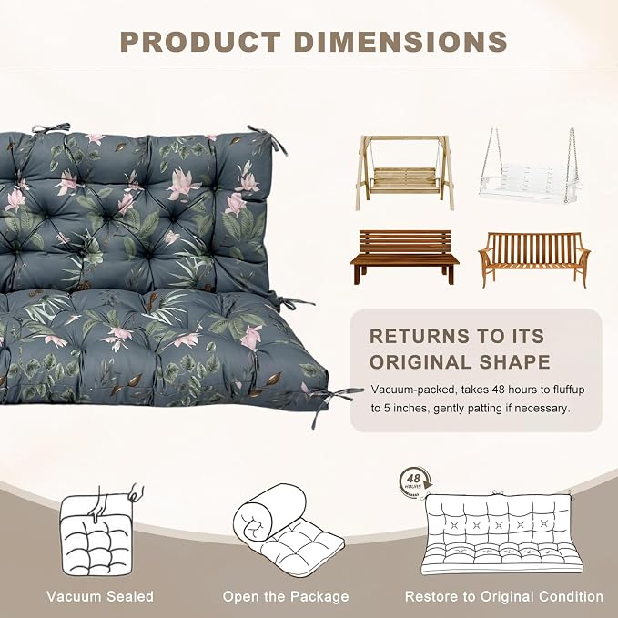 Porch Swing Cushion with Backrest,Waterproof Bench Cushion for Outdoor Furniture,2-3 Seater Replacement Thickened Swing Cushion with Ties,Patio,Outdoor,Backyard and Garden (Tropical Blossom,40x40")