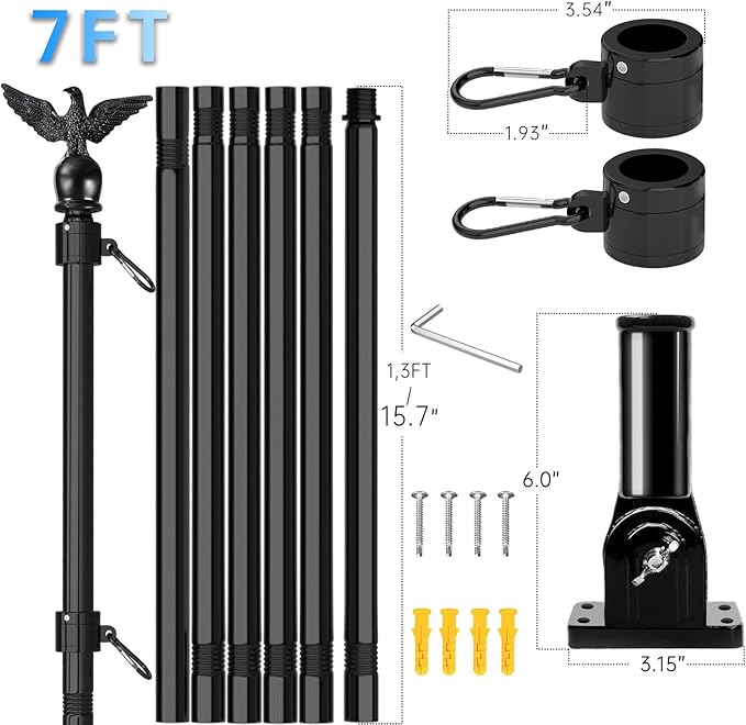 LETSTRY 7FT Flag Pole Kit for House with Solar Light and Adjustable Bracket, 1" Thickened Stainless Steel Outside Wall Mount Flagpole for 3x5 American Flag, for Residential, Outdoor or Porch (Black)