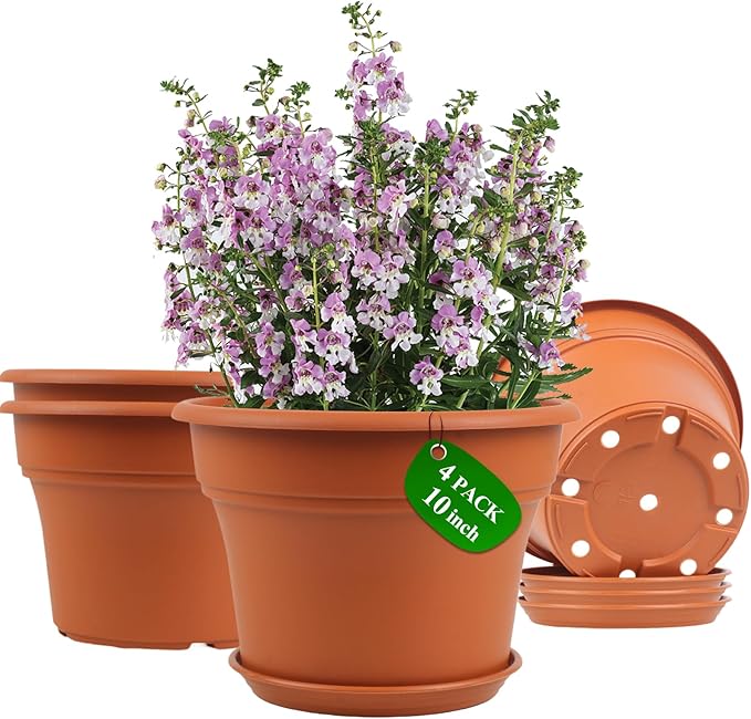 Pottiffe 10 Inch Plastic-Flower-Pot-for-Indoor-Plants, 4 Pack Large Outdoor Planter Pot with Drainage Holes & Saucers, Resin Decorative Garden Pots Planters