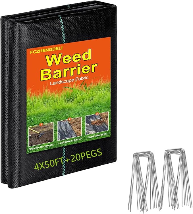 3.2oz Heavy Duty Weed Barrier Fabric, 4ft x 50ft with 20 U-Shaped Pegs, Commercial Grade Black Landscape Ground Cover for Garden, Driveway & Courtyard Weed Control