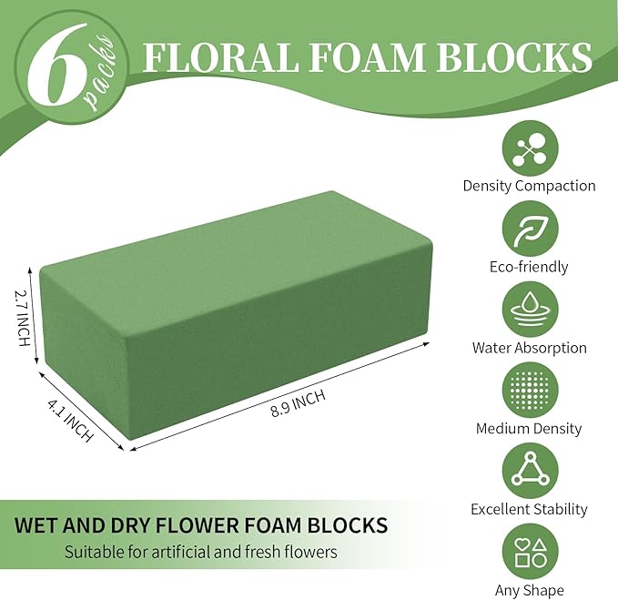 Aktor 8 Pcs Floral Foam Blocks for Fresh & Artificial Flower Arrangement, 8.8” x 4.1” x 2.7” Green Wet Foam for Wedding, Birthdays, Home, Office, and Garden Decorations