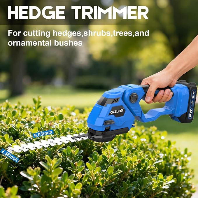AZZUNO Cordless Hedge Trimmer, 21V Electric Grass Shears Shrubbery Trimmer with 1×2Ah Battery，2-in-1 Handheld Grass Cutter Shrub Trimmer for Gardens, Yards, Lawns, Including Charger