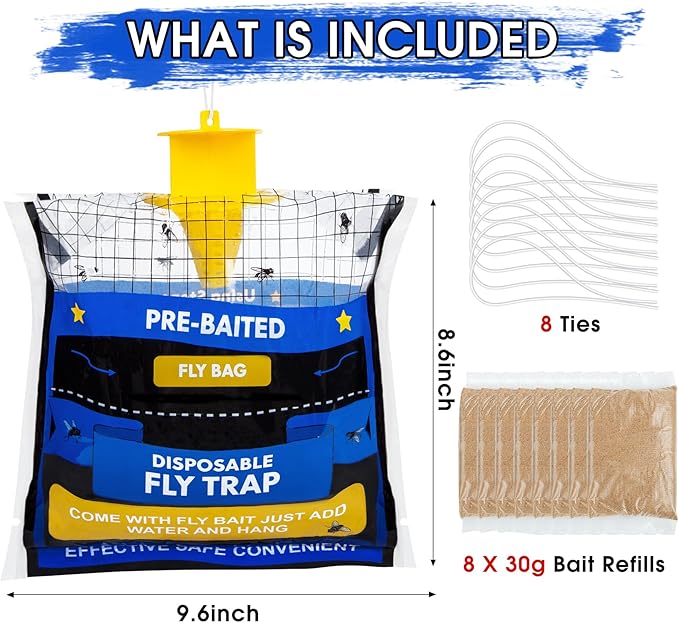 8 Pack Fly Traps Outdoor Hanging for Patio, Outdoor Disposable Hanging Fly Trap with 30g Bait, Bug Fly Hunter Catcher Killer Control for Barn Horse Ranch Chicken Coop