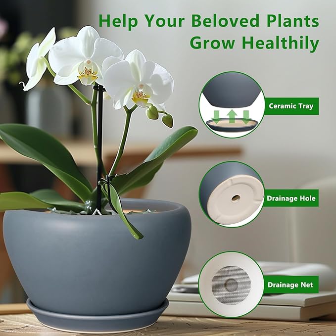 Ceramicfor Ceramic Pots for Plants - 9 Inch Planter for Outdoor Plants Large Plant Pot Indoor with Drainage Hole and Saucer Decorative Modern Flower Pot for Home Garden Decor Gray