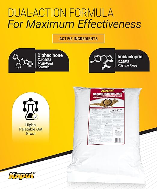 Kaput Ground Squirrel Bait - Effective Fleas & Squirrel Killer with Diphacinone & Imidacloprid - Targeted Pest Control for Outdoor Use, (50 lbs)