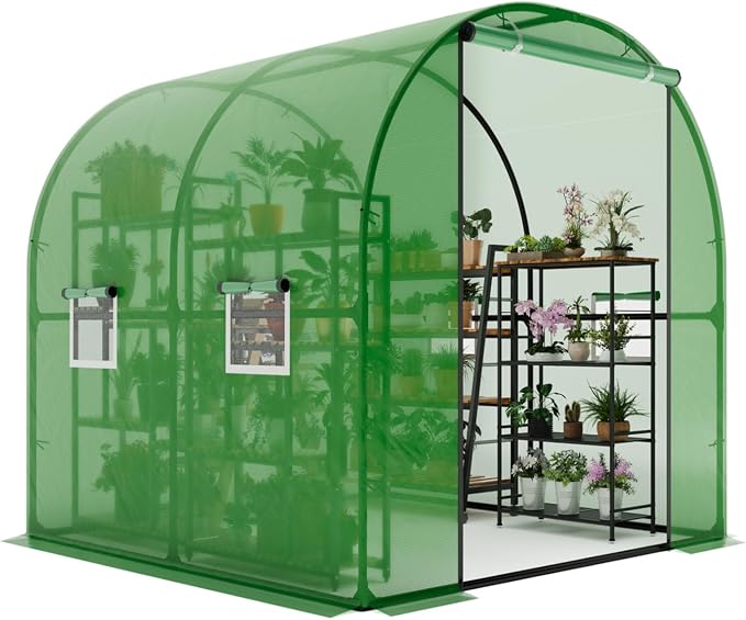GarveeHome 6.6X8.2x6.6 Tunnel Greenhouses, Heavy Duty Walk-in Greenhouse for Outdoors with PE Cover, Instant Pop-Up Sturdy Metal Frame Hoop House with Zippered Roll-Up Door &4 Ventilated Mesh Windows