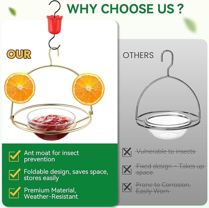 Metal Oriole Feeders for Outdoors Hanging with Ant Moat and Fruit Holder, Oriole Feeder with Glass Bowl, Easy to Disassemble and Wash, Bird Feeder for Garden, Outdoor, Gift (1 Pack, Gold)