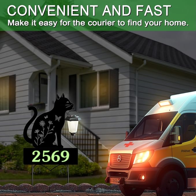 Solar Address Signs for Houses,Metal Cat House Number Outside Yard Stakes | Glow in The Dark Decorative Outdoor Ornaments for Garden,Lawn,Pathway,Patio