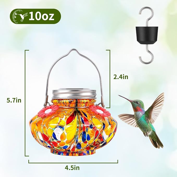 BOLITE Hummingbird Feeders for Outdoors, Hand Blown Top Fill Hummingbird Feeder, Glass Mason Jar with 4 Flower Feed Ports, Easy to Clean, Leak Proof, Bee Proof, Ant Moat, Orange, Gift for Bird Lovers