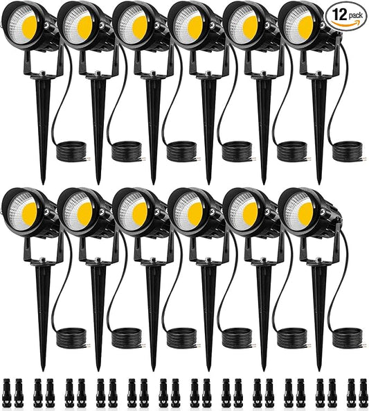 SUNVIE 12W Low Voltage LED Landscape Lights with Connectors, Outdoor 12V Super Warm White (900LM) Waterproof Garden Pathway Lights Wall Tree Flag Spotlights with Spike Stand (12 Pack with Connector)