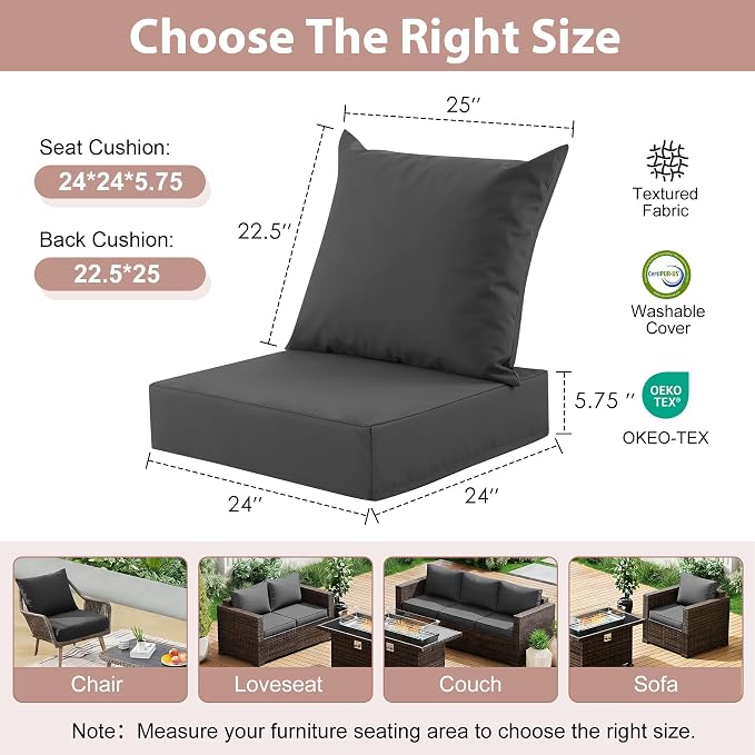 Outdoor Deep Seat Cushion Set, 24x24 Inch Water-Resistant & Fade-Resistant Outdoor Chair Cushions, Patio Furniture Cushions with Removable Cover for Patio Chair, Sofa, Dark Grey (Set of 4)