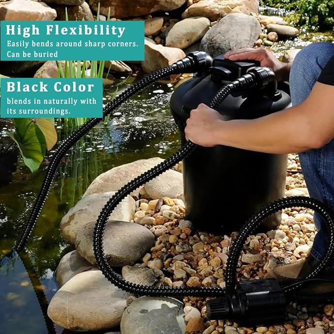 Pond Hose ID 1-1/4” × 25ft Black Corrugated Flexible Reinforced PVC Hose Vinyl Tubing for Pond Pump Fountain Garden Waterfall, Non-toxic & Kinkproof, with 2 clamps