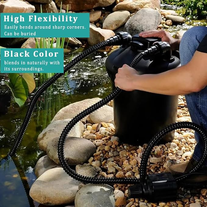 Pond Hose ID 3/4” × 50ft Black Corrugated Flexible Reinforced PVC Hose Vinyl Tubing for Pond Pump Fountain Garden Waterfall, Non-toxic & Kinkproof, with 2 clamps