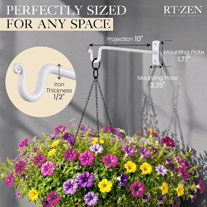RTZEN Plant Hangers Outdoor or Indoor - Wrought Iron Metal Hanger Indoor Hook - Heavy Duty Wall Bracket Hooks for Hanging Plants Baskets Lanterns Bird Feeders - 2 Pack (White Shepherds Hooks 10")