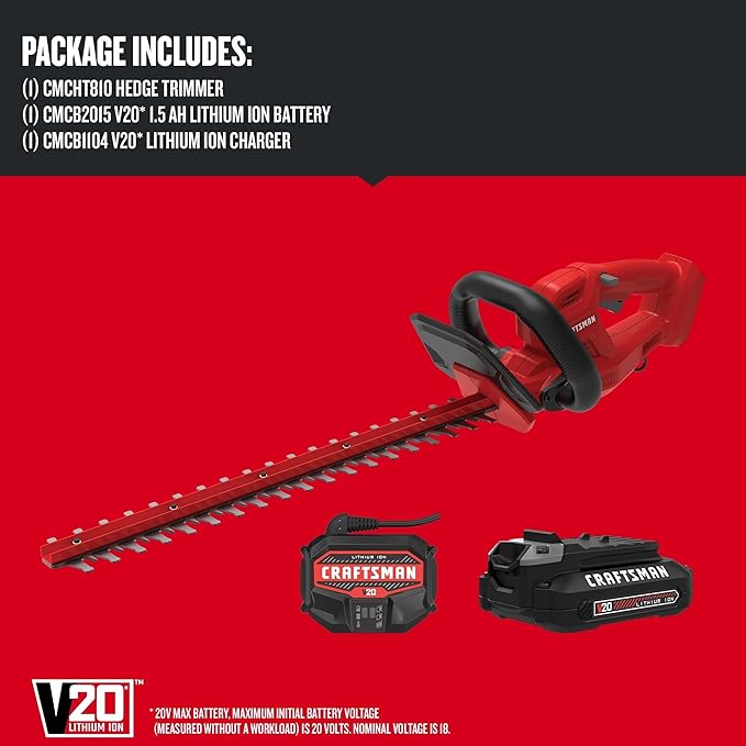 CRAFTSMAN V20 Cordless Hedge Trimmer with Battery and Charger Included, 20 in. Blade, Rechargeable Bush Trimmer Cordless, Lightweight (CMCHT810C1)