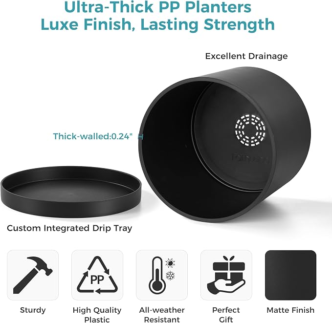 FaithLand 8-Inch Black Planter & 8”-12” Adjustable Stand Bundle