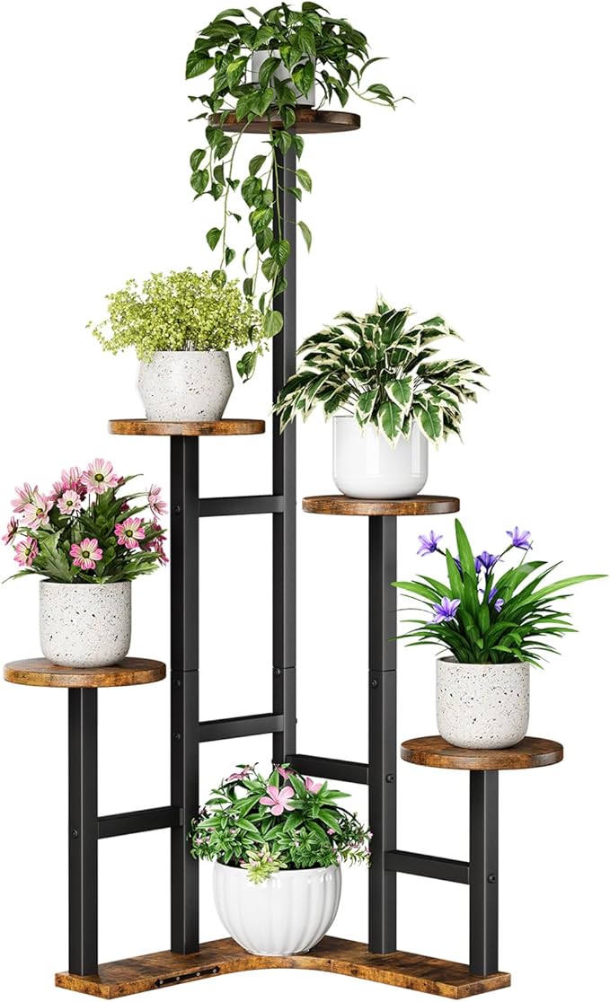 Yzosvki Corner Plant Stand Indoor, 6 Tiered Corner Plant Shelf Flower Stand for Multiple Plants, Plant Shelves Organizer Rack for Living Room, Balcony, Patio, Garden, Round Rustic Brown
