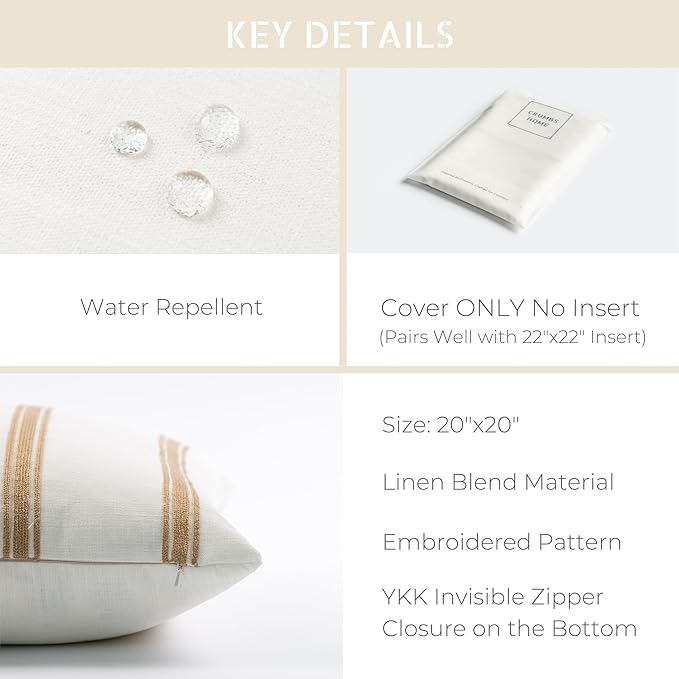 Crumbs Home Modern Farmhouse Fall Linen Indoor Outdoor Throw Pillow Cover Only, 20"x20" Water Repellent for Patio, Backyard, Couch, Neutral Ivory Cream Embroidered Stripes