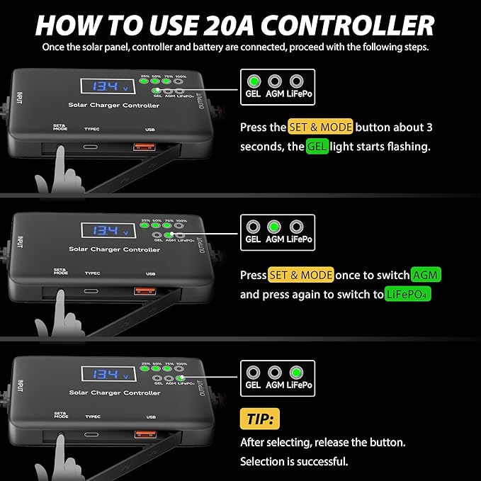 Solar Charge Controller 12V 20A, Solar Panel Charge Controller with Type-C and USB Output for Solar Panel and Gel, AGM, LiFePO₄ Battery
