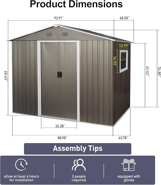 8FT x 6FT Outdoor Metal Storage Shed, Galvanized Steel Garden Shed with Lockable Sliding Door, Ventilated Tool Storage House with Foundation Kit, UV Resistant Backyard Shed forPatio Storage, Grey