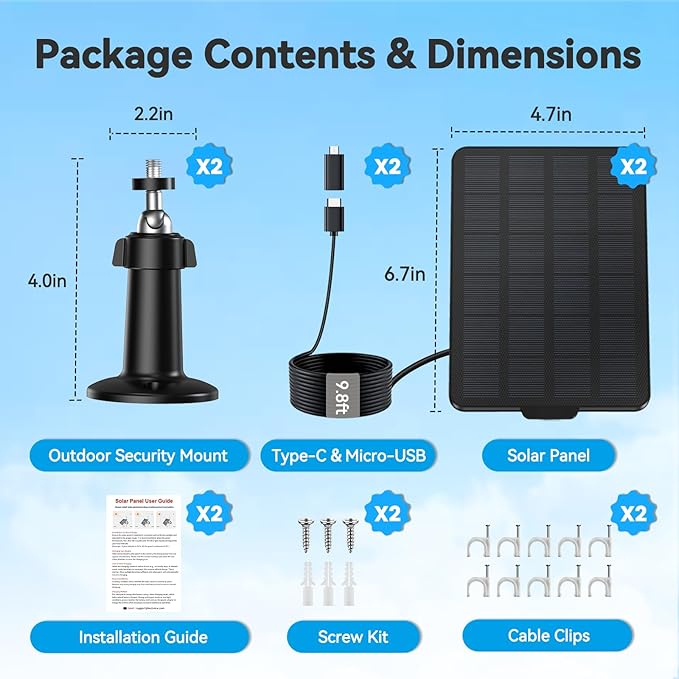 3W Solar Panel for Battery-Powered Security Cameras,USB-C & Micro USB Solar Charger for Wireless Outdoor Cameras,IP65 Waterproof, 9.8ft Cable, 360° Adjustable Mount (Black, 2 Pack)