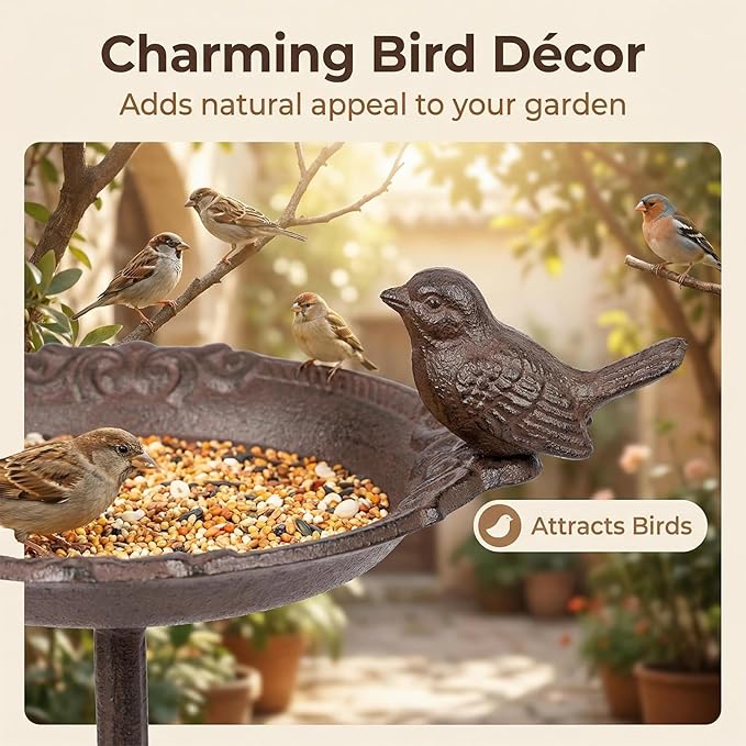 Sungmor Vintage Cast Iron Birdbath for Outside,15.6" Tall Bird Feeder with Adorable Bird Statue,Freestanding Oval Water Bowl,Distressed Brown Finish