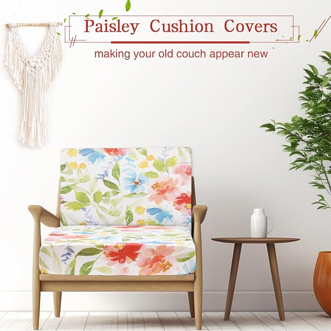 Newwiee 12 Pcs Patio Cushion Covers Outdoor Stretch Sofa Couch Cover Replacement Couch Slipcover Sofa Seat Chair Porch Patio Furniture Protector, Flexibility Washable(Watercolor,Flower)