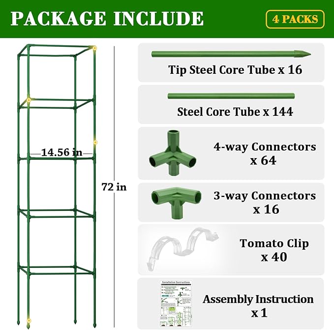 ZeeDix 72 Inches Heavy Duty Tomato Cages, 4 Pack Square Adjustable Tomato Trellis with 40Pcs Clips, Extra Tall Plant Support Stakes for Climbing Vegetables, Flowers, Raised Garden Bed & Pots