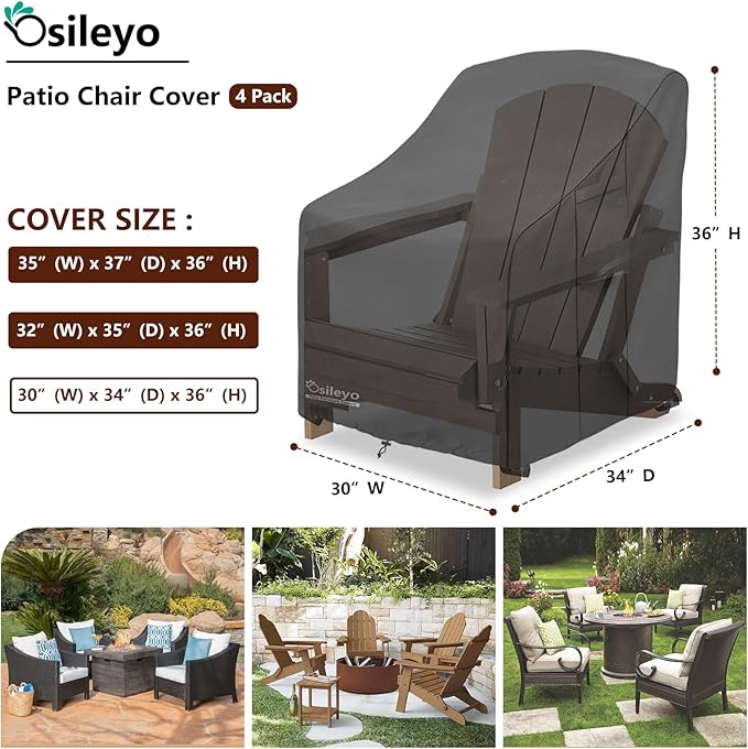 Patio Chair Cover 30W x 34D x 36H inches,Waterproof Heavy Duty Outdoor Furniture Covers for Patio Adirondack Chair 4 Pack（Black）