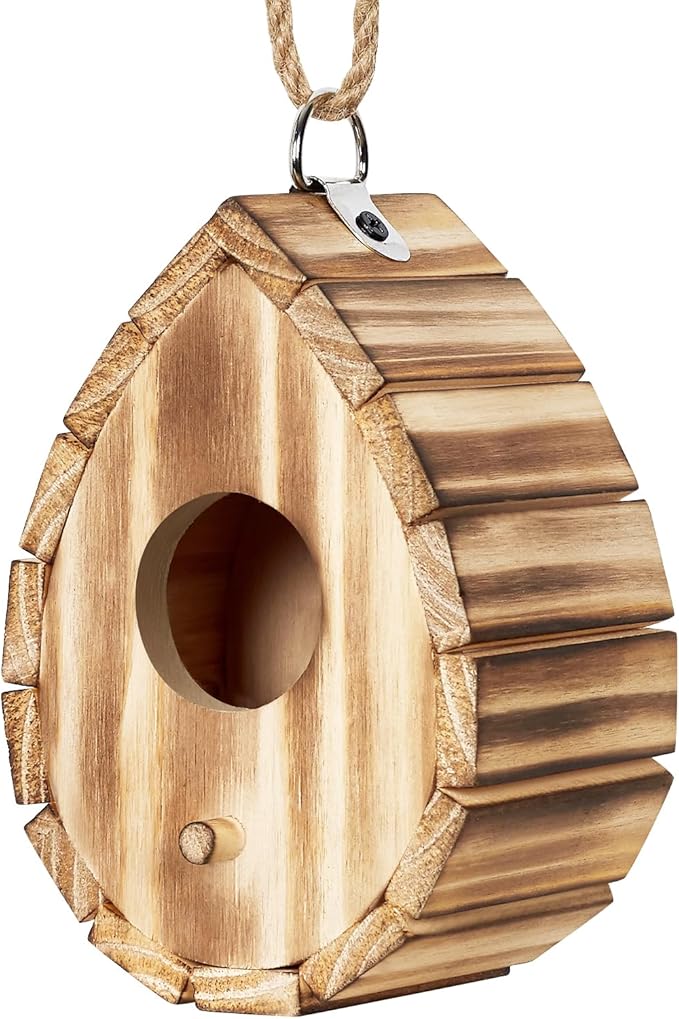 NATUREYLWL Hummingbird House for Outside - Natural Wooden Birdhouse for Bluebirds, Finches, Cardinals - Small Hanging Bird Nesting Box for Garden, Patio, or Yard - 5.9" D x 4.1" W x 3.8" H