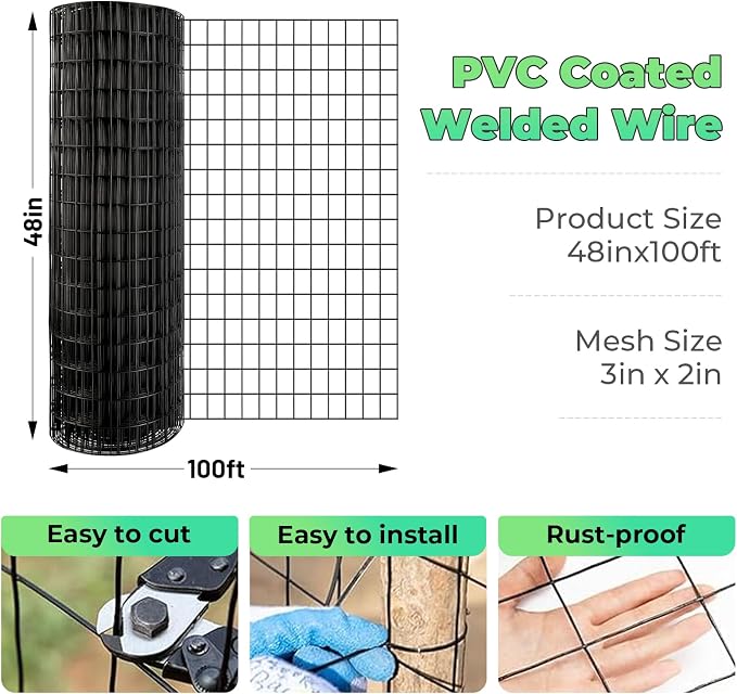 Garden Fence Black PVC Coated Welded Wire Fencing 48 Inch x 100 Foot, 2 Inch x 3 Inch 16GA, Garden Border Fencing Roll Vinyl Coating Metal Wire Mesh for Yard Vegetable Plant Protection Poultry Netting