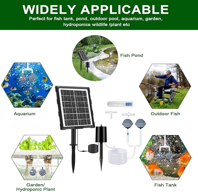Lewisia 3W Solar Pond Aerator with Timer Air Pump Battery Aeration Kit Air Hoses and Bubble Stones Fish Tank Bubble Oxygenator