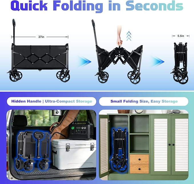 500LBS Collapsible Wagon Cart Foldable - 230L Large Heavy Duty Utility Cart with 360°Swivel Brake Wheels, Lightweight Collapsible Wagon for Groceries Camping & Beach