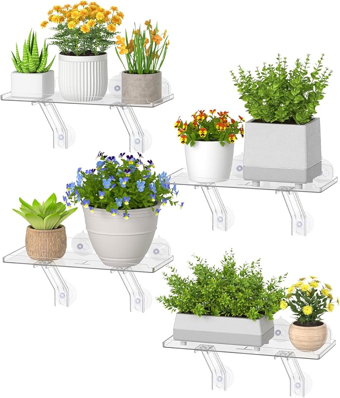 Lifewit 6" Extra Wide & Strong Window Plant Floating Shelves 4 Pack, Heavy Duty Acrylic Suction Cup Shelf, Sill Extender for Succulent Plants, Seed Starter Pots, Herb Planters 38 x 15 cm/15.2x6