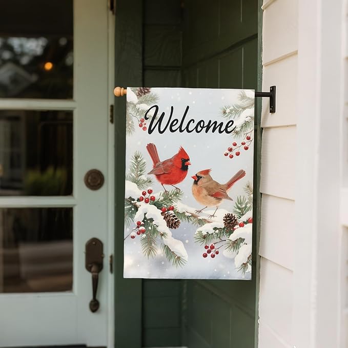 Winter Cardinal House Flag 28x40 Inch Snow Scene Bird Welcome Christmas Holiday Seasonal Decorative Garden Flags for Outside Double Sided Outdoor Home Farmhouse Decoration Porch Yard New Year Decor
