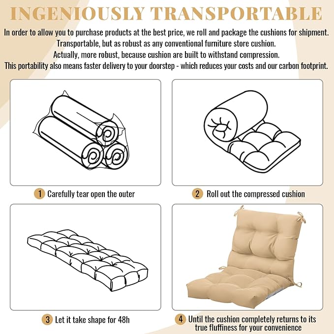 Marsui 4 Pcs Outdoor Indoor High Back Chair Cushions Patio Furniture Tufted Pillow with Ties Water-Resistant Replacement Outdoor Rocking Chair Cushions, 42 x 21 Inches (Beige,Solid Color)