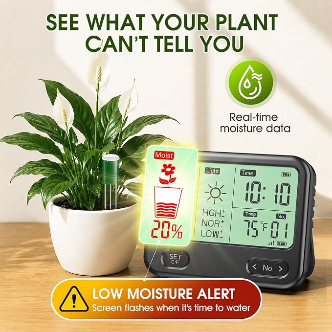 Soil Moisture Meter for Plants,4-in-1 Wireless Soil Tester,Soil Thermometer/Moisture/Sunlight Time,Large Screen,Indoor/Outdoor Plant Water Meter,Garden Soil Test Kit for Lawn,Farm,Houseplants
