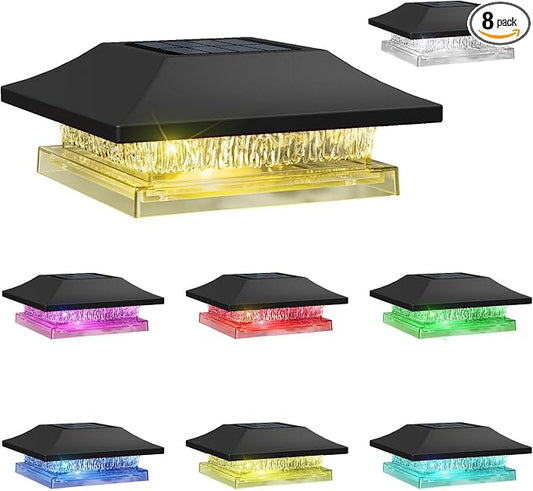 8 Pack Solar Post Cap Lights, Outdoor Fence Solar Powered Cap with 4 Lighting Modes Waterproof Light Decorative for Deck Patio or Garden Decor, Fits 4x4 Wood Vinyl Posts