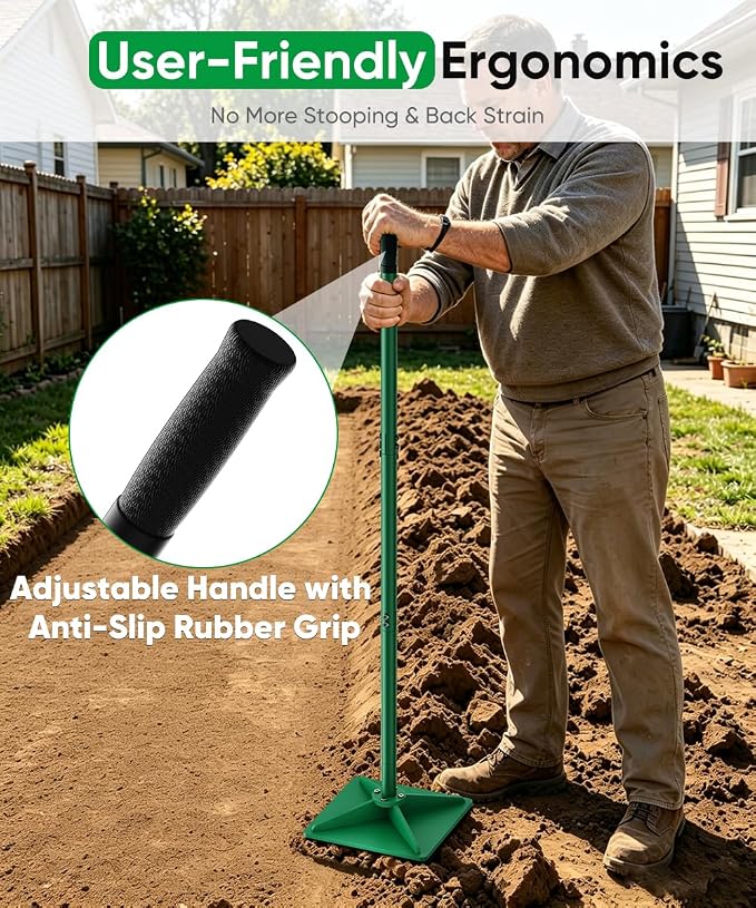 Heavy Duty Steel Hand Tamper, 8"x8" Soil Plate Compactor with 44" Adjustable Handle & Rubber Grip, Anti-Loose Ladscaping Tools for Ground, Gravel, Dirt, Sand, Asphalt, Pavers, Blacktop, Green