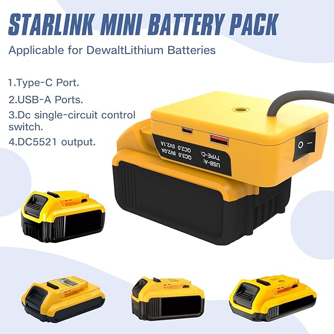 Deckit Starlink Mini Battery Adapter Kit, Compatible with DeWalt 20V MAX, Portable Off-Grid Power Supply w/Switch, Low Voltage Protection, Multi-Port, Cable & Bag