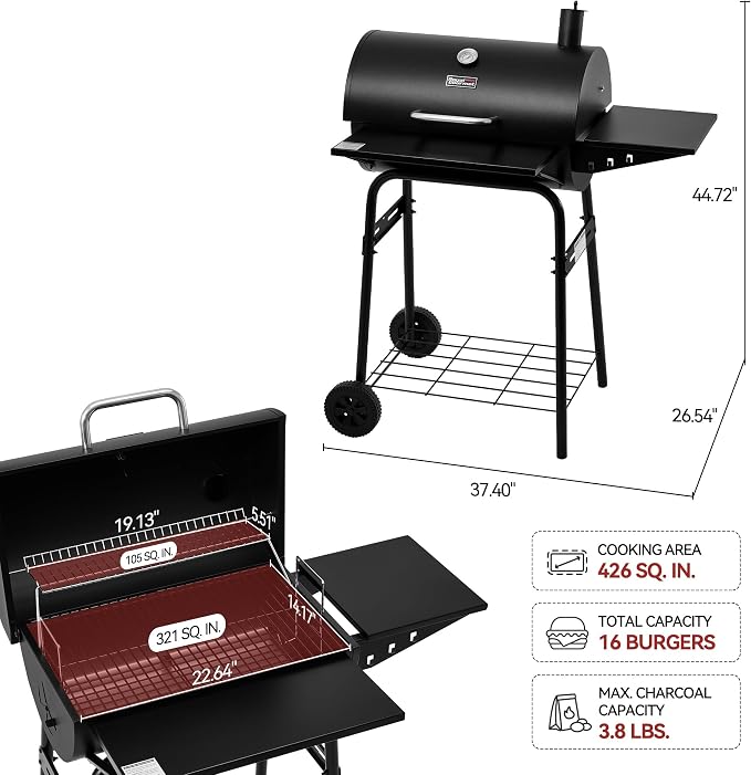 Royal Gourmet CC1624 Barrel Charcoal Grill, Large Charcoal Grill with Side & Front Shelves, 426 sq. in. Cooking Grid, Sturdy Side Shelf with Hooks, for Outdoor Backyard and Picnics, Black