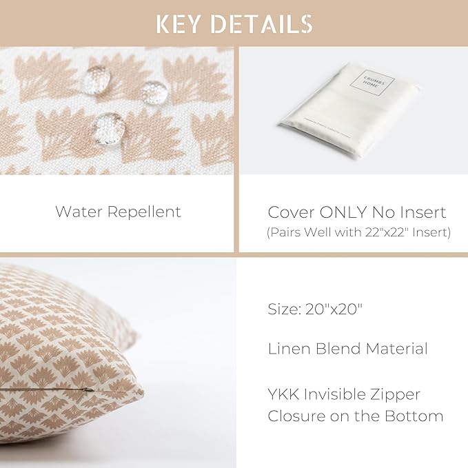 Crumbs Home Modern Farmhouse Fall Linen Indoor Outdoor Throw Pillow Cover Only, 20"x20" Water Repellent for Patio, Backyard, Couch, Ivory Cream Ravenala Palm Tree