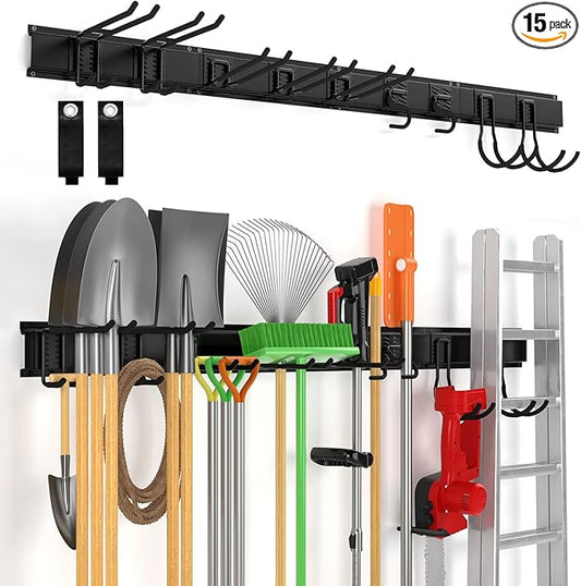 64" Ailadl Wall Mount Tool Storage Rack, 15 PCS Heavy Duty Steel Yard Garden Tool Organizer, Garage Tool Organizer Wall Mounted Storage System Hold Up to 550lbs, with 2 Extension Cord
