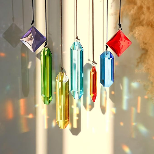 HDCRYSTALGIFTS 7pcs Crystal Prisms Suncatchers for Windows Hanging Rainbow Chakra Sun Catchers Indoor Windows Outdoor Home Garden Decor Glass Ornaments for Tree