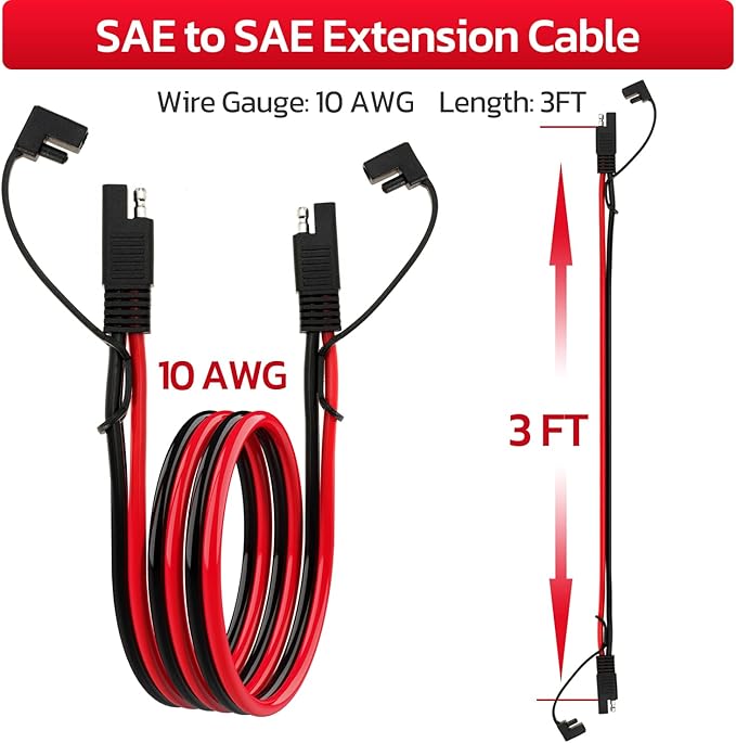10AWG SAE Extension Cable 10 Gauge SAE to SAE Extension Cord with Two Prong Connectors for Solar RV Automotive (3FT)