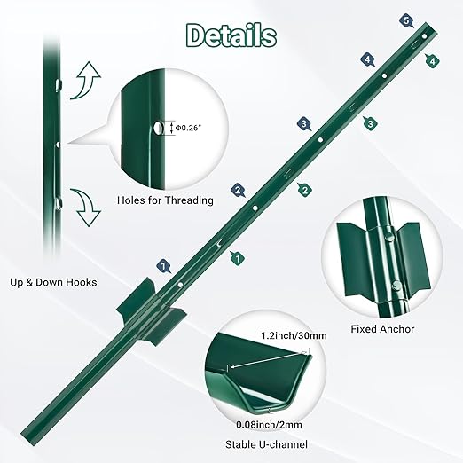 Metal Fence Posts 10 Pack, 3 FT Green Heavy Duty U Posts, No Dig T Posts for Fences Wire Mesh, Perfect for Temporary Fencing, Electric Fence Wire, Corner Anchor